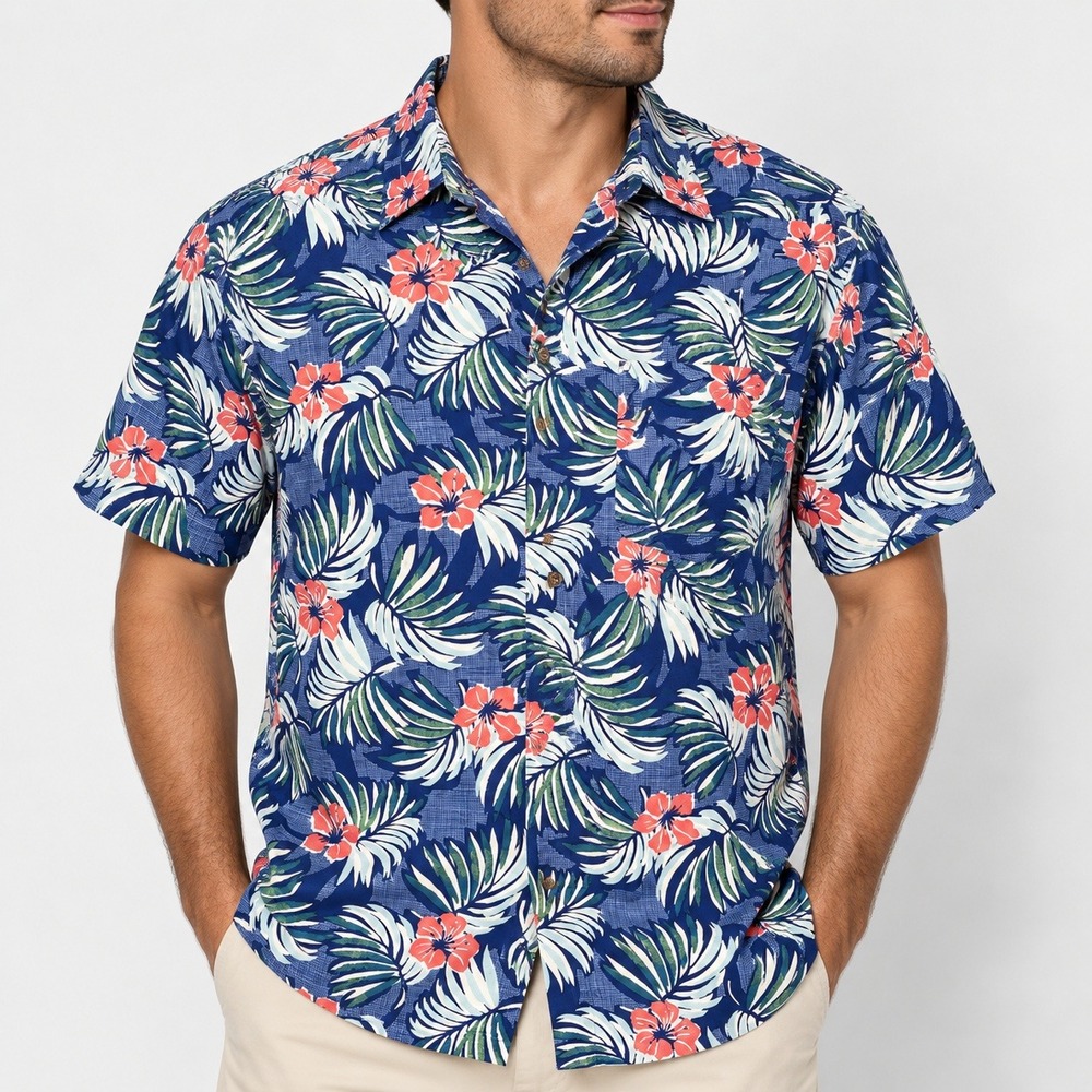 Tommy Bahama Mens XL Blue Tropical Hibiscus Palm Leaf Rayon Button Down Shirt